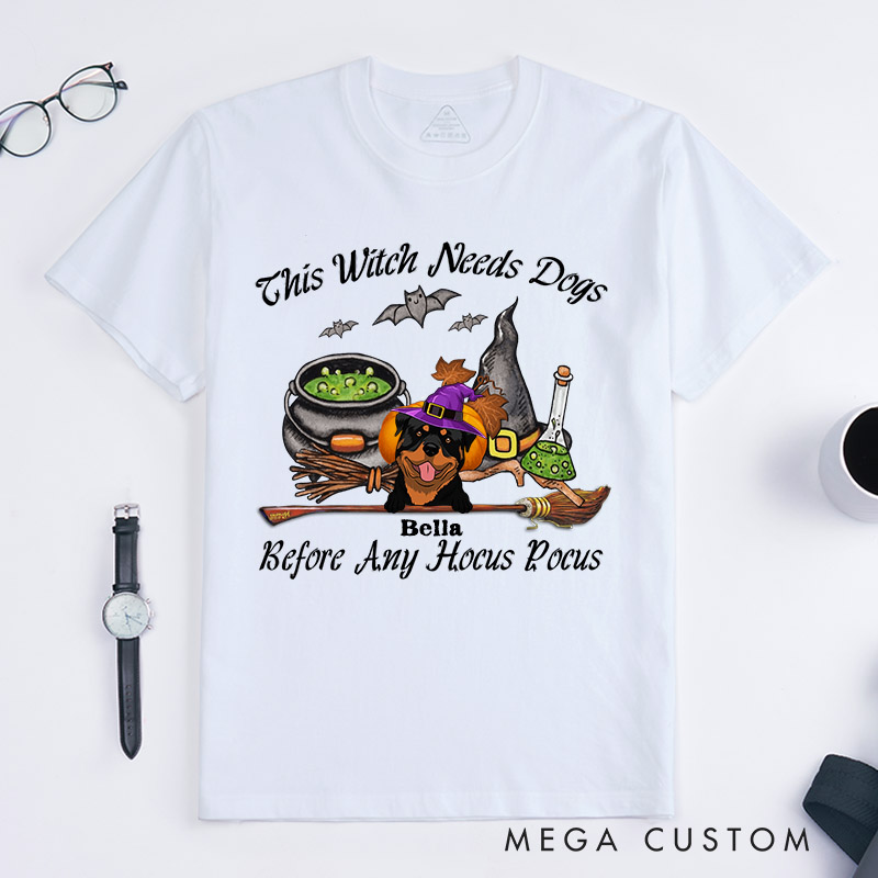 Personalized Dog Lover This Witch Needs Coffee Before Any Hocus Bat Focus T-Shirt