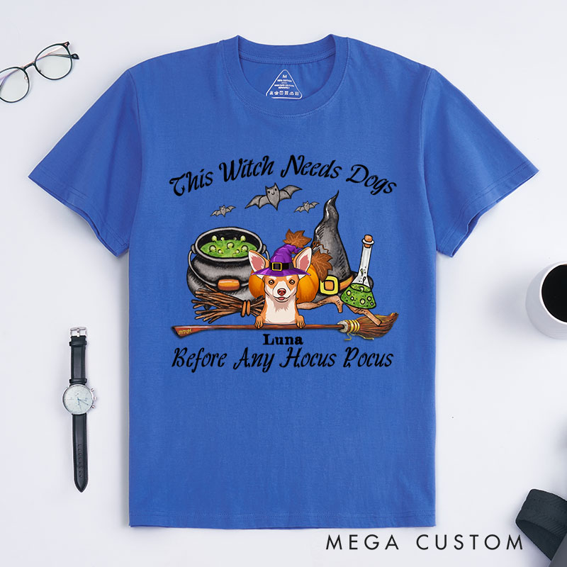 Personalized Dog Lover This Witch Needs Coffee Before Any Hocus Bat Focus T-Shirt