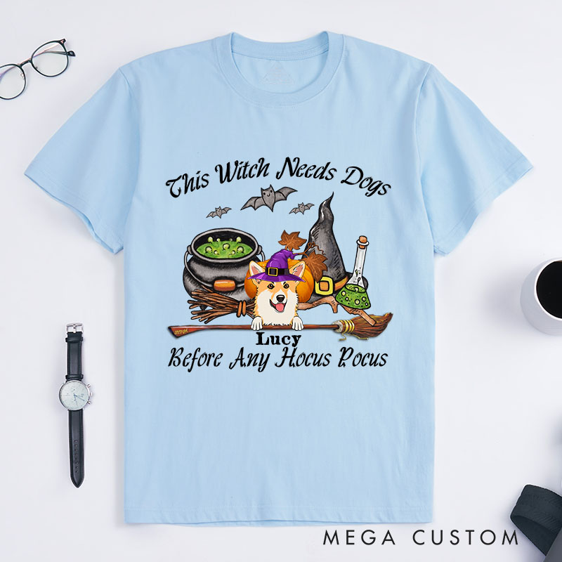 Personalized Dog Lover This Witch Needs Coffee Before Any Hocus Bat Focus T-Shirt