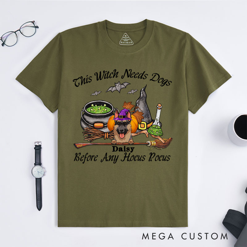 Personalized Dog Lover This Witch Needs Coffee Before Any Hocus Bat Focus T-Shirt