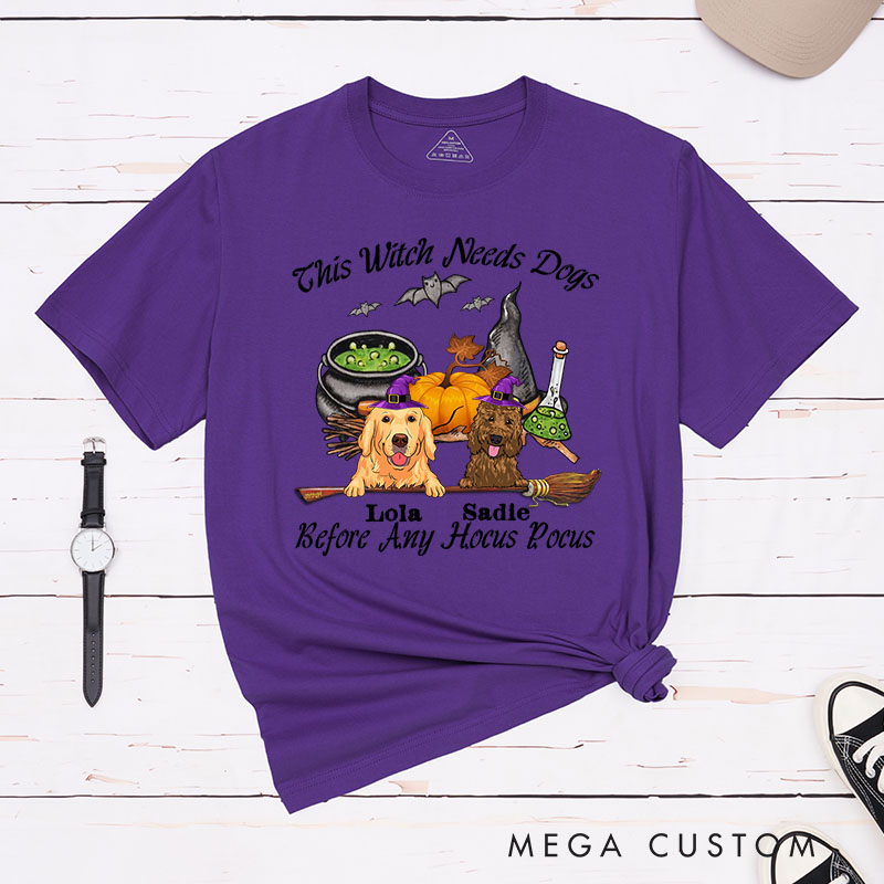 Personalized Dog Lover This Witch Needs Coffee Before Any Hocus Bat Focus T-Shirt