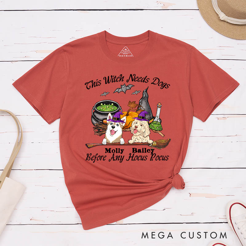 Personalized Dog Lover This Witch Needs Coffee Before Any Hocus Bat Focus T-Shirt