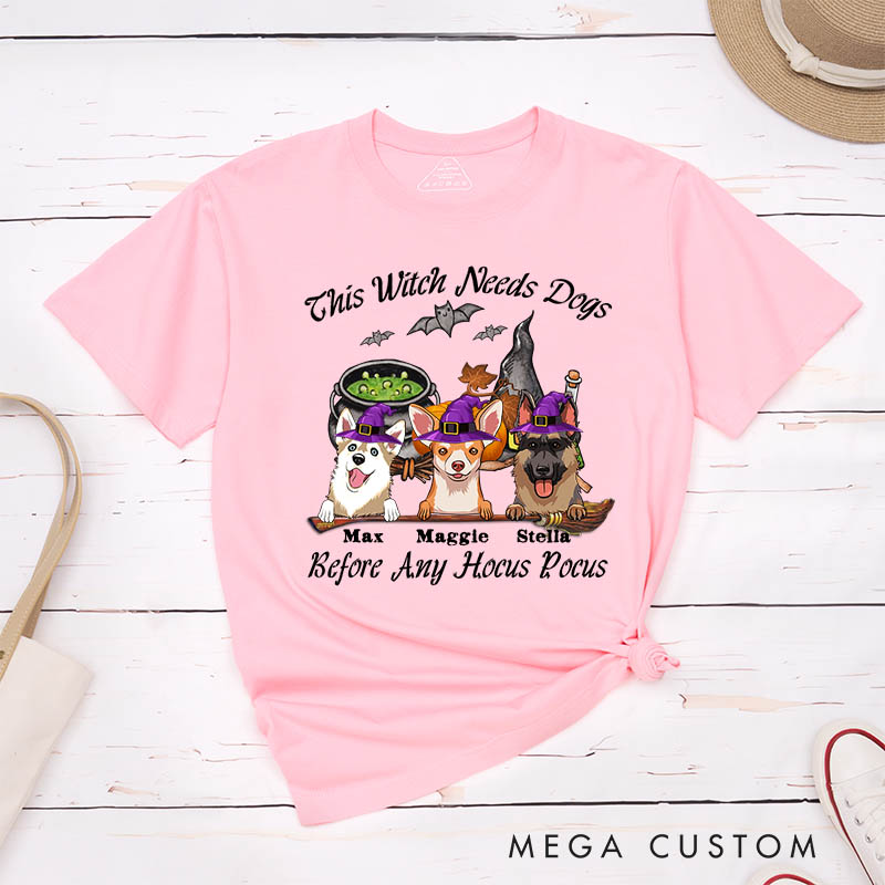 Personalized Dog Lover This Witch Needs Coffee Before Any Hocus Bat Focus T-Shirt