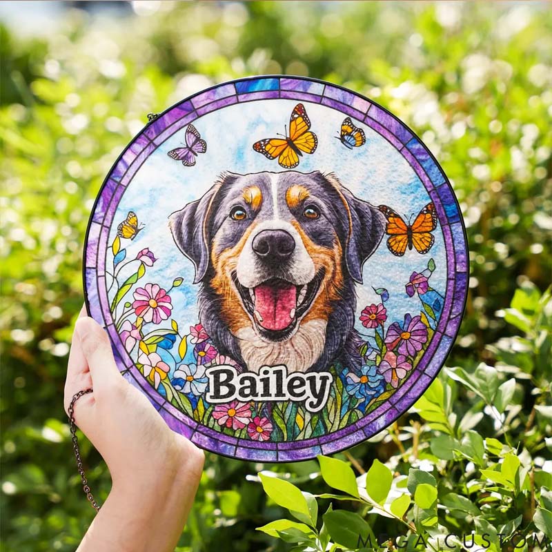 Personalized Dog Lover Vibrant Floral and Butterfly Sun Catcher