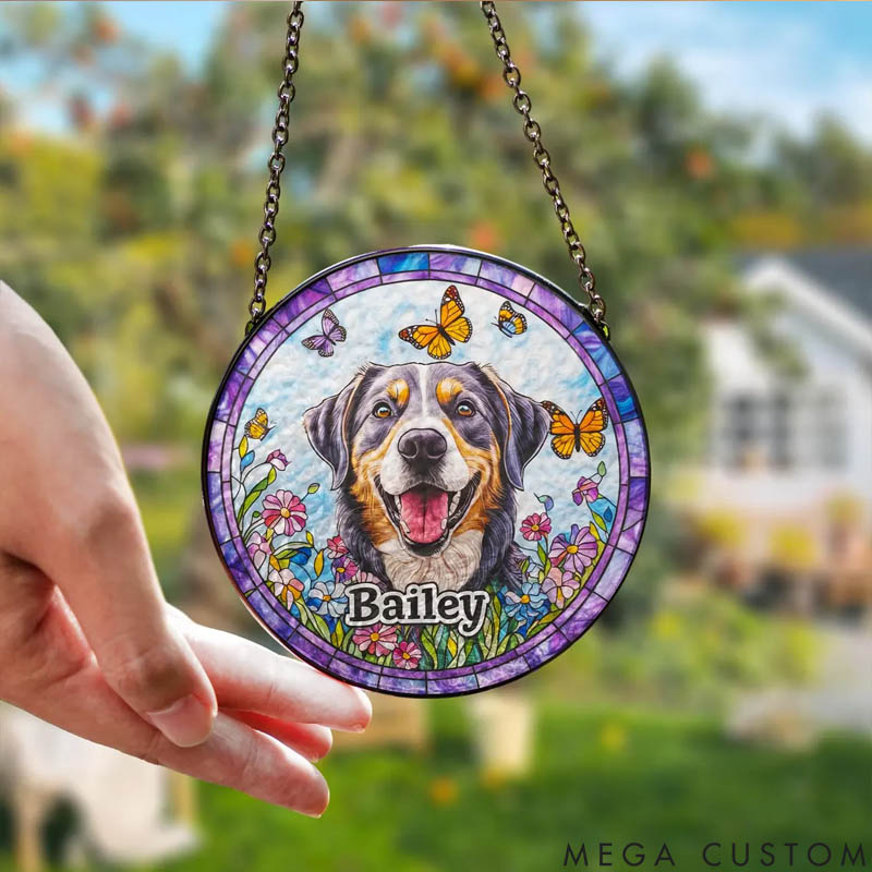 Personalized Dog Lover Vibrant Floral and Butterfly Sun Catcher