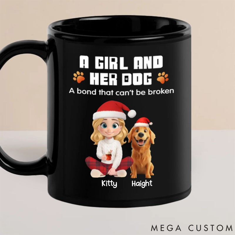Personalized Dog Lover a Girl and Her Dog Cartoon Christmas Mugs