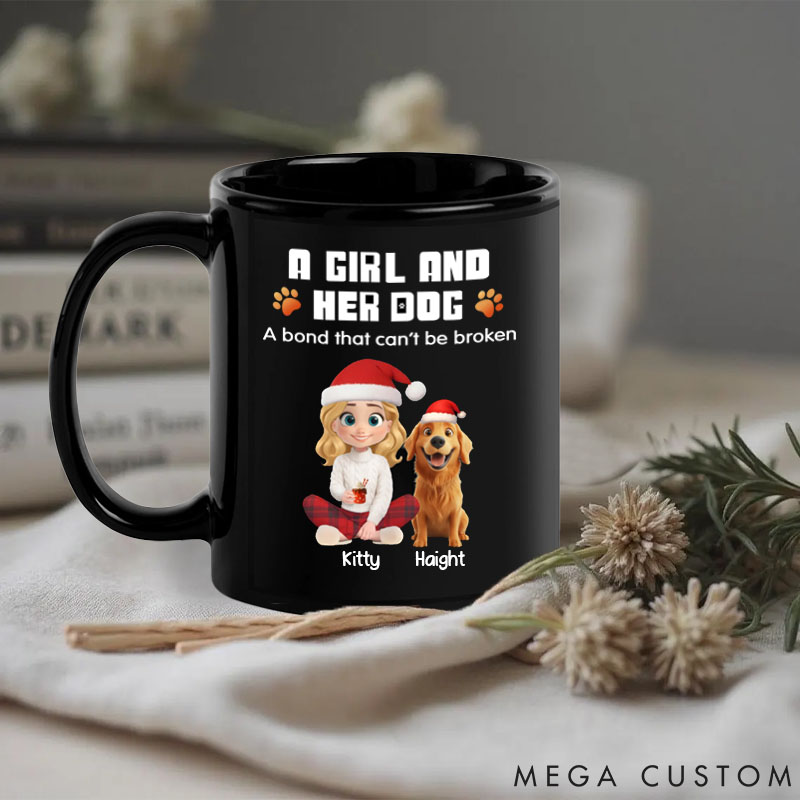 Personalized Dog Lover a Girl and Her Dog Cartoon Christmas Mugs