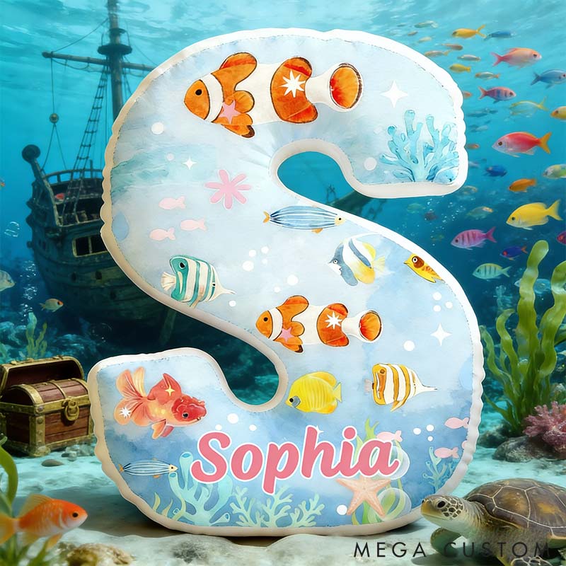 Personalized Fish Seabed Letter Pillow with Custom Name Graphic 3D Print for Pet Lover for Fish Lover