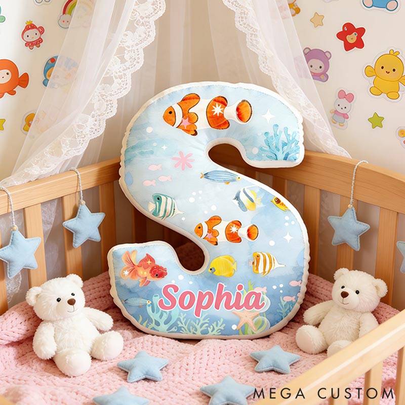 Personalized Fish Seabed Letter Pillow with Custom Name Graphic 3D Print for Pet Lover for Fish Lover