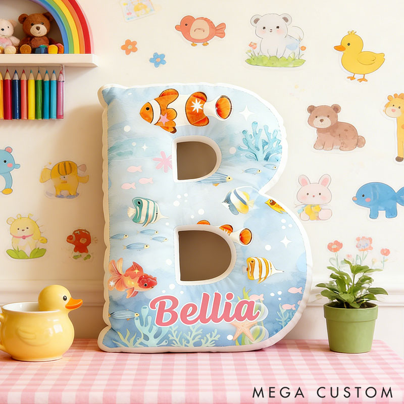 Personalized Fish Seabed Letter Pillow with Custom Name Graphic 3D Print for Pet Lover for Fish Lover
