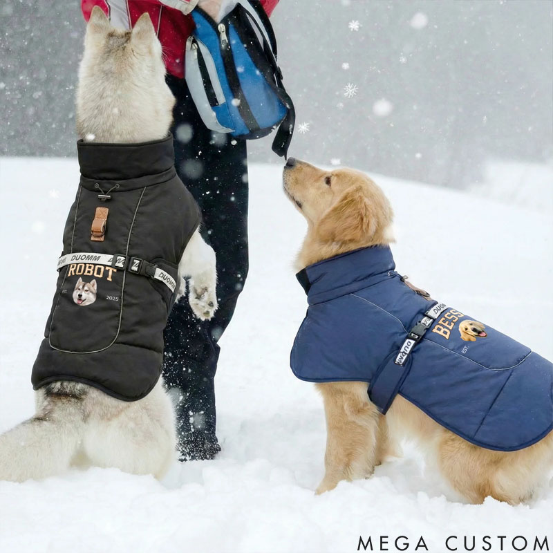 Personalized Funny Face Photo Adjustable Dog Coat Jacket with Name and Year Pet Supplies Winter Daily Use Pet Party Gift for Dog Owners Lovers