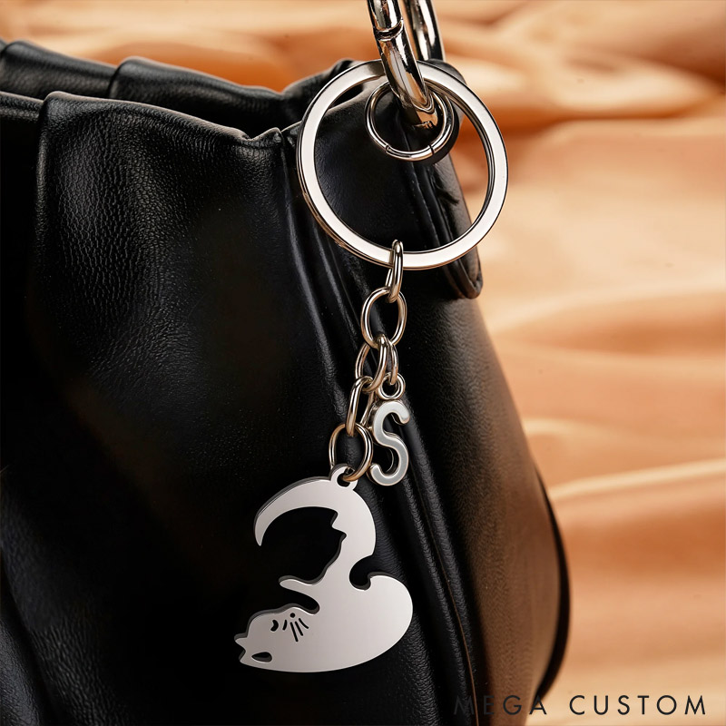 Personalized Heart Shaped Black Cat White Cat Tag Keychain with Initial Daily Use Valentine's Day Anniversary Gift for Cat Lover Girlfriend Boyfriend