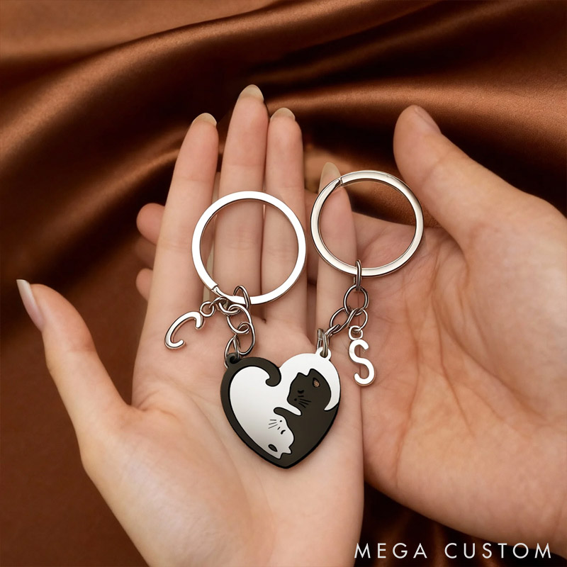 Personalized Heart Shaped Black Cat White Cat Tag Keychain with Initial Daily Use Valentine's Day Anniversary Gift for Cat Lover Girlfriend Boyfriend