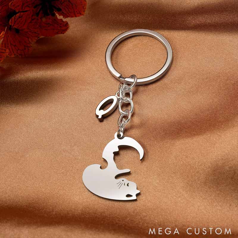 Personalized Heart Shaped Black Cat White Cat Tag Keychain with Initial Daily Use Valentine's Day Anniversary Gift for Cat Lover Girlfriend Boyfriend