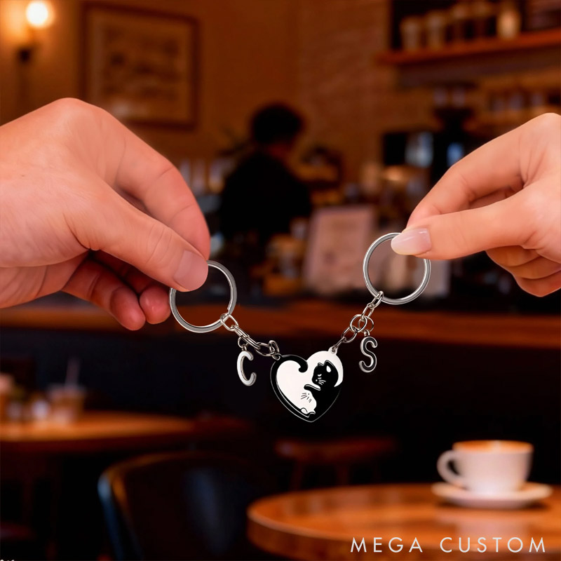 Personalized Heart Shaped Black Cat White Cat Tag Keychain with Initial Daily Use Valentine's Day Anniversary Gift for Cat Lover Girlfriend Boyfriend