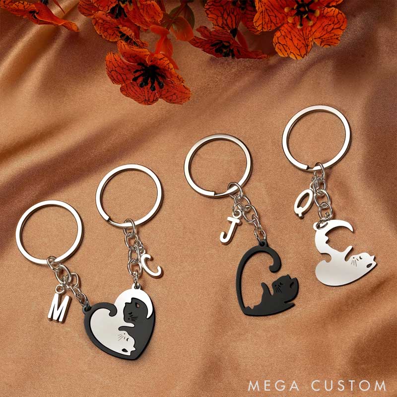 Personalized Heart Shaped Black Cat White Cat Tag Keychain with Initial Daily Use Valentine's Day Anniversary Gift for Cat Lover Girlfriend Boyfriend