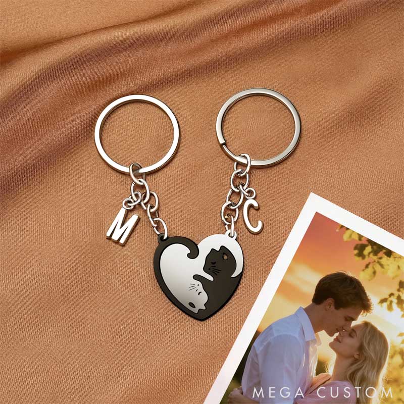 Personalized Heart Shaped Black Cat White Cat Tag Keychain with Initial Daily Use Valentine's Day Anniversary Gift for Cat Lover Girlfriend Boyfriend