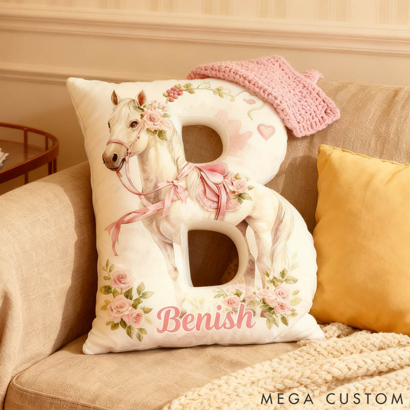 Personalized Horse Lover Flower Letter Pillow with Custom Name Graphic 3D Print