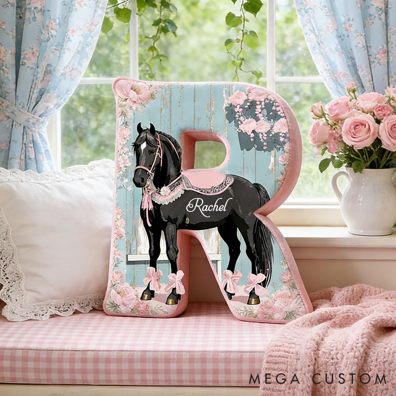 Personalized Horse Lover Flower Letter Pillow with Custom Name Graphic 3D Print