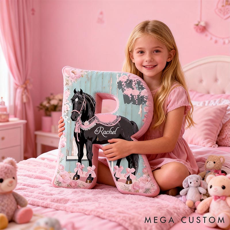 Personalized Horse Lover Flower Letter Pillow with Custom Name Graphic 3D Print