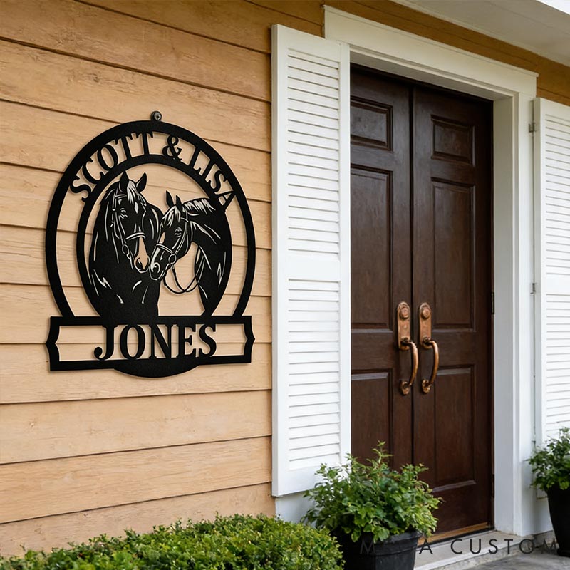 Personalized Horse Lover Horse Monogram Metal Wall Hanging Two Horse Barn Sign