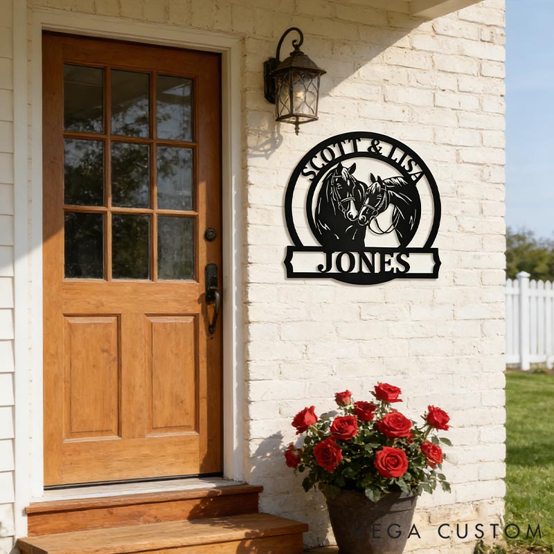 Personalized Horse Lover Horse Monogram Metal Wall Hanging Two Horse Barn Sign