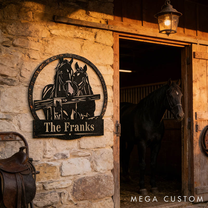 Personalized Horse Lover Horses Fence Horseshoe Metal Sign