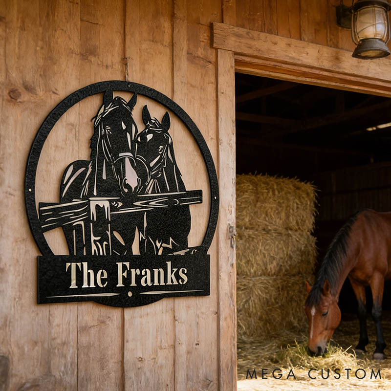 Personalized Horse Lover Horses Fence Horseshoe Metal Sign