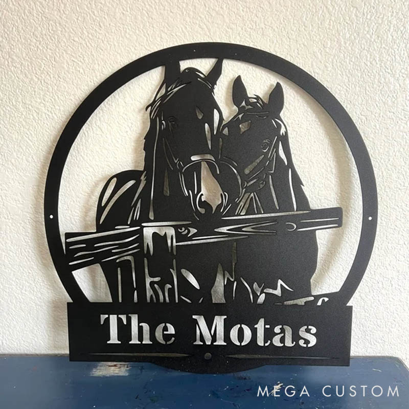 Personalized Horse Lover Horses Fence Horseshoe Metal Sign
