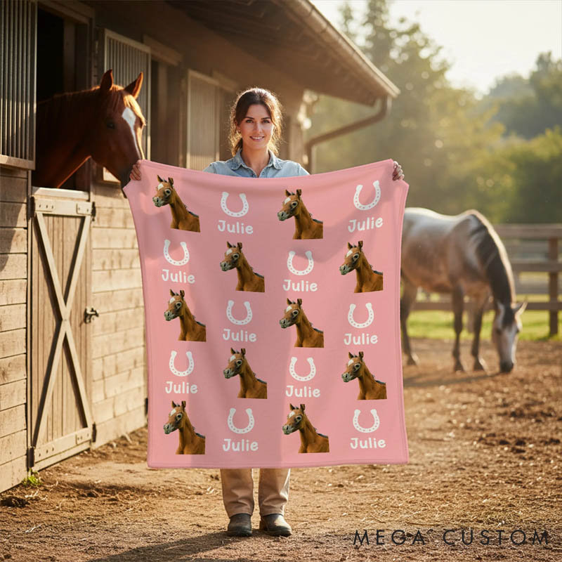 Personalized Horse Lover Horseshoe Horse Face Photo Multicolor Soft Throw Blanket with Name