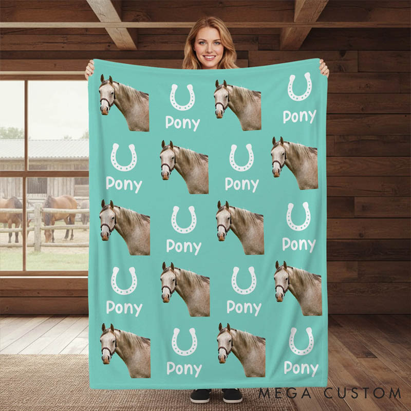 Personalized Horse Lover Horseshoe Horse Face Photo Multicolor Soft Throw Blanket with Name
