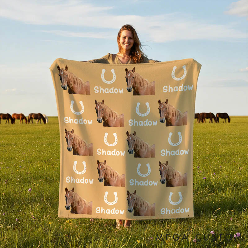 Personalized Horse Lover Horseshoe Horse Face Photo Multicolor Soft Throw Blanket with Name