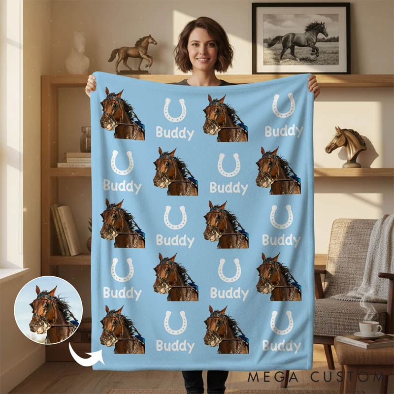 Personalized Horse Lover Horseshoe Horse Face Photo Multicolor Soft Throw Blanket with Name