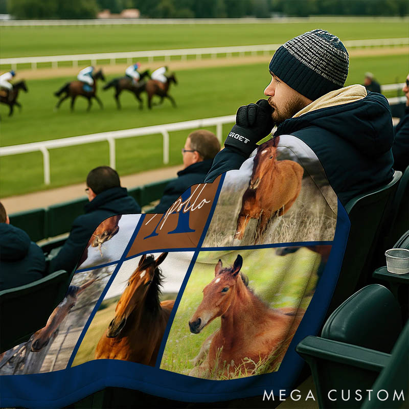 Personalized Horse Lover Nine-Square Grid Photo Horseshoe Soft Throw Blanket with Name and Initial Home Decor Equestrian Game Day Gift