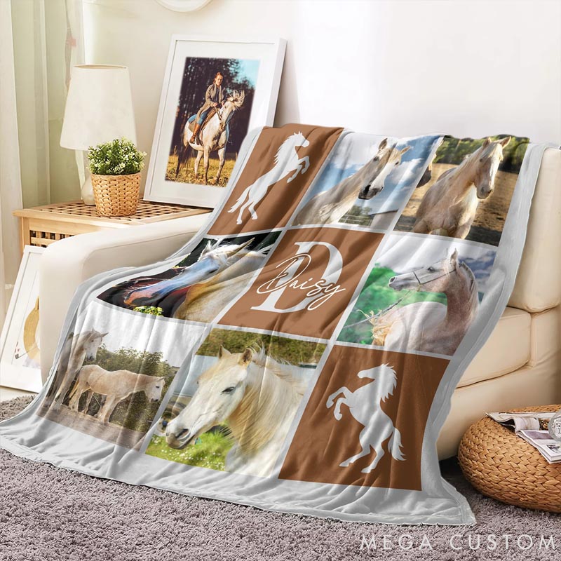 Personalized Horse Lover Nine-Square Grid Photo Horseshoe Soft Throw Blanket with Name and Initial Home Decor Equestrian Game Day Gift