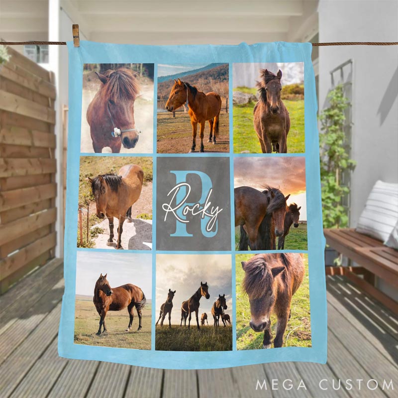 Personalized Horse Lover Nine-Square Grid Photo Horseshoe Soft Throw Blanket with Name and Initial Home Decor Equestrian Game Day Gift