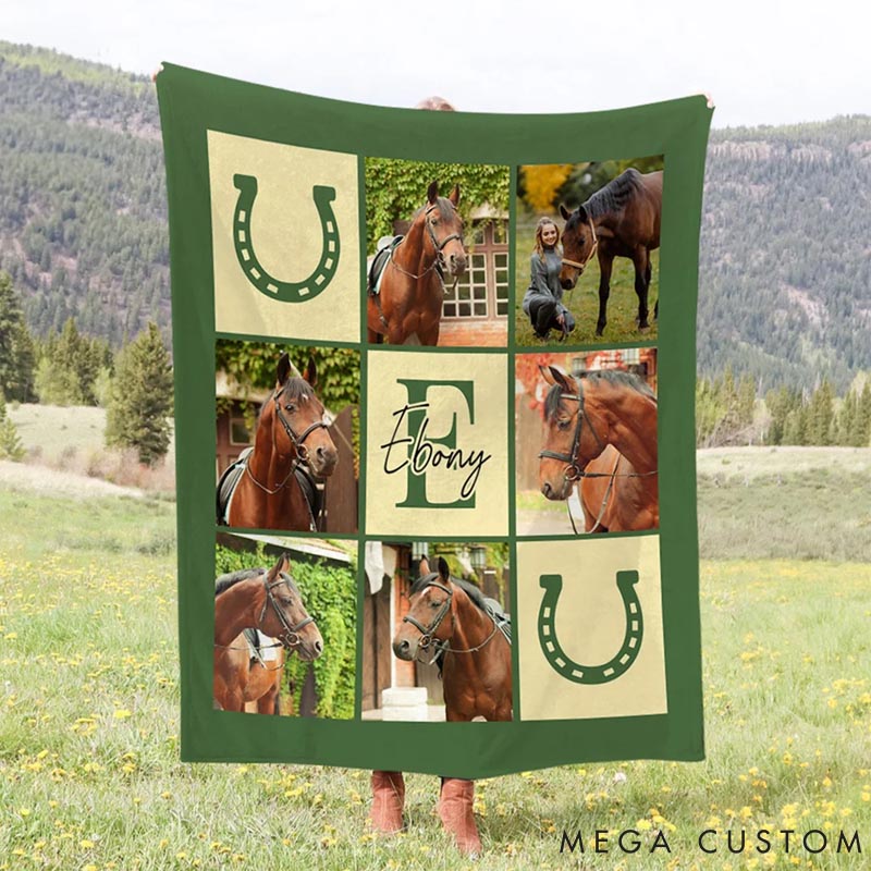 Personalized Horse Lover Nine-Square Grid Photo Horseshoe Soft Throw Blanket with Name and Initial Home Decor Equestrian Game Day Gift