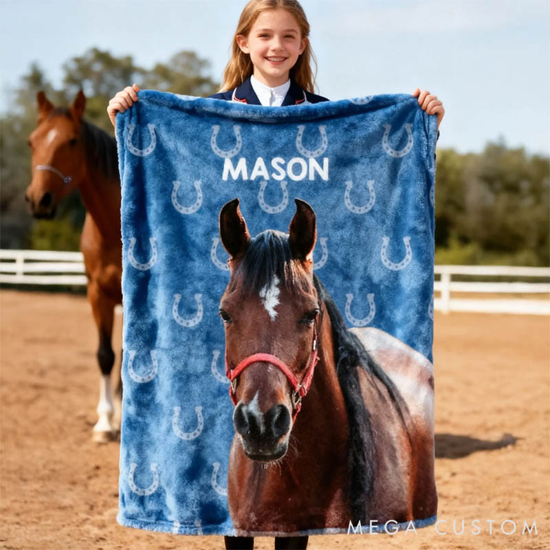 Personalized Horse Lover Painted Horse Photo Horseshoe Print Multicolor Soft Throw Blanket