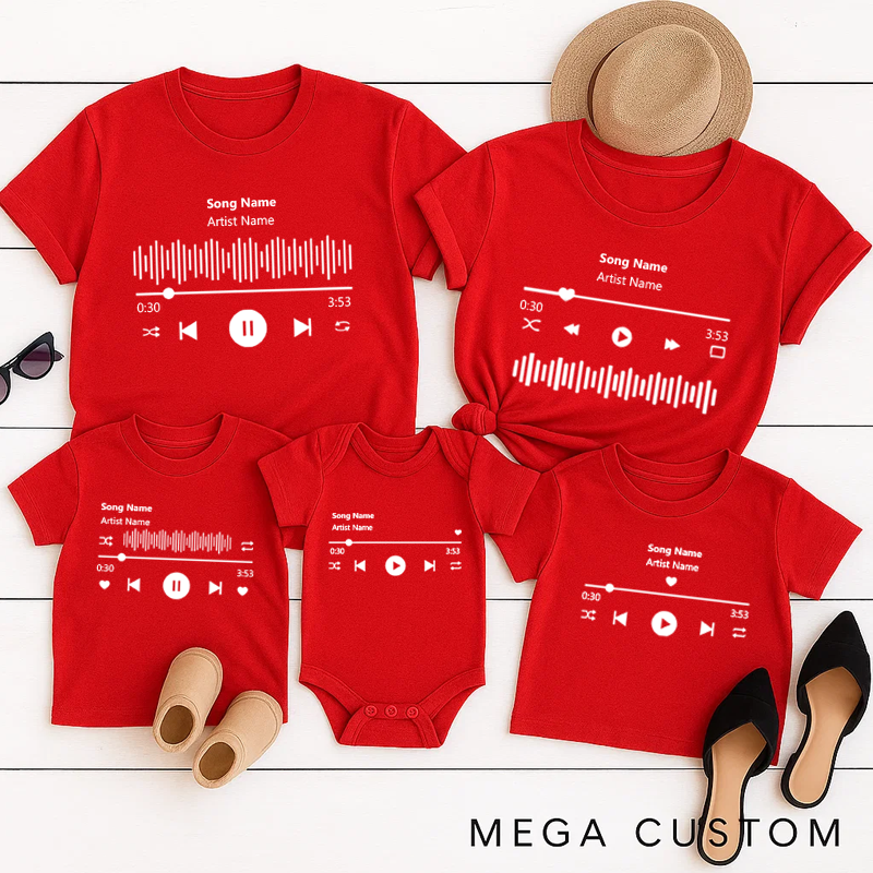 Personalized Music Family Matching T-Shirt Album Cover and Customized Music Player Display and Audio Control and Play Button and Music Player