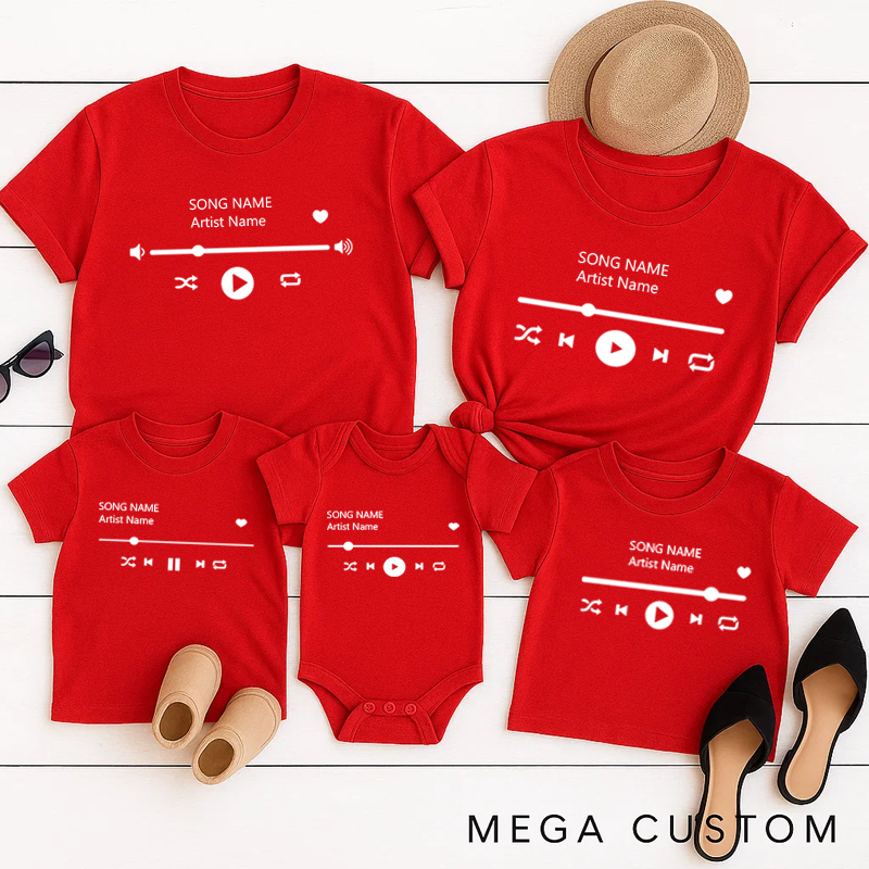 Personalized Music Family Matching T-Shirt Album Cover and Customized Music Player Display and Audio Control and Play Button and Music Player