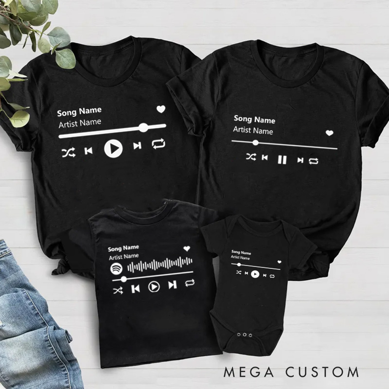 Personalized Music Family Matching T-Shirt Album Cover for Him and Her and Couples and Customized Music Player Display and Audio Control and Play Button and Music Player