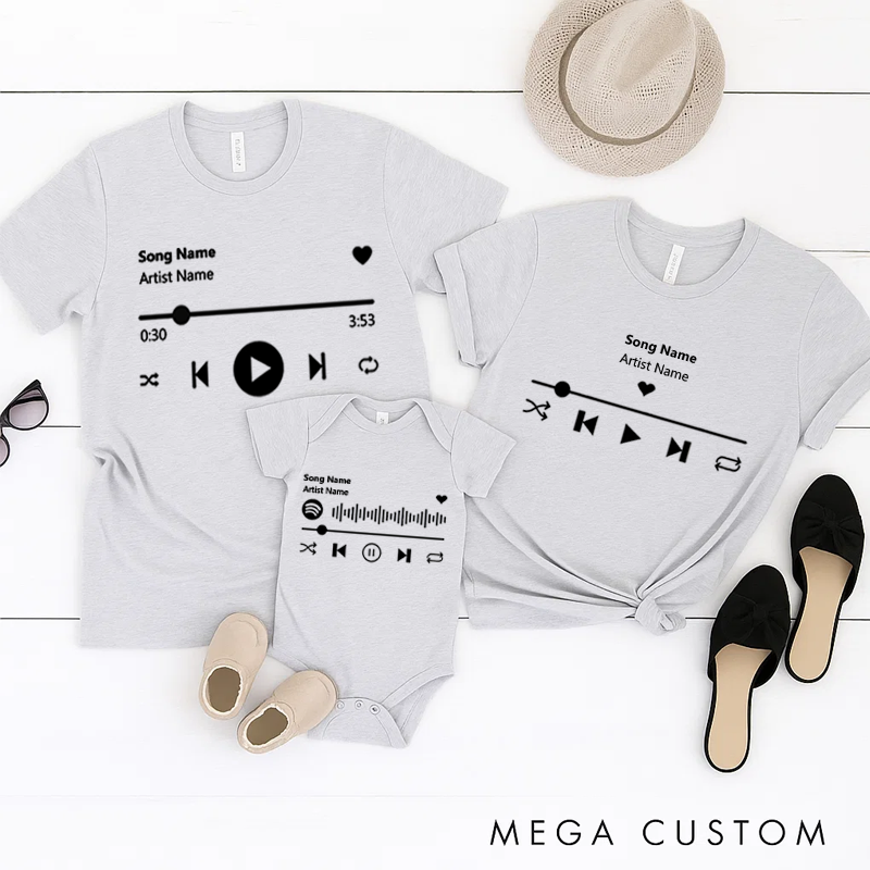 Personalized Music Family Matching T-Shirt Album Cover for Him and Her and Couples and Customized Music Player Display and Audio Control and Play Button and Music Player