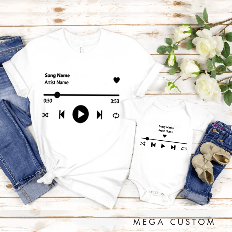 Personalized Music Family Matching T-Shirt Album Cover for Him and Her and Couples and Customized Music Player Display and Audio Control and Play Button and Music Player