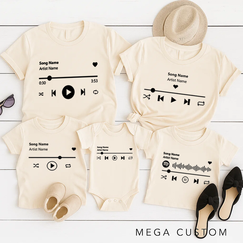 Personalized Music Family Matching T-Shirt Album Cover for Him and Her and Couples and Customized Music Player Display and Audio Control and Play Button and Music Player