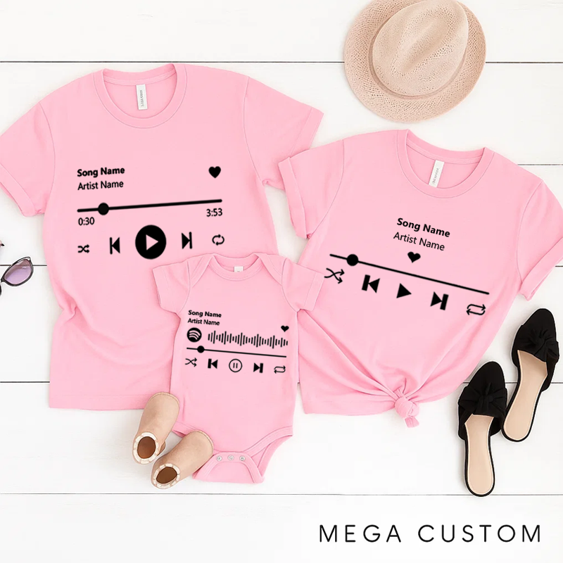 Personalized Music Family Matching T-Shirt Album Cover for Him and Her and Couples and Customized Music Player Display and Audio Control and Play Button and Music Player