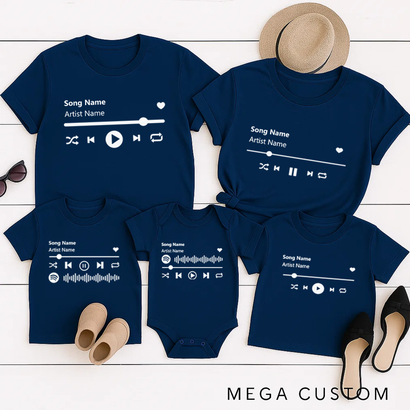 Personalized Music Family Matching T-Shirt Album Cover for Him and Her and Couples and Customized Music Player Display and Audio Control and Play Button and Music Player