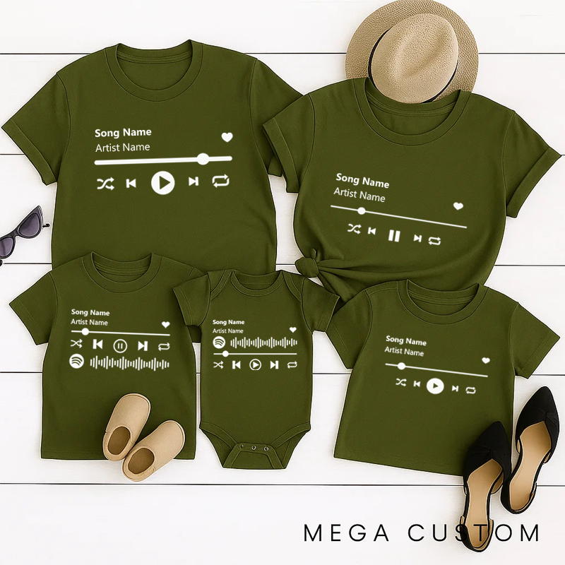 Personalized Music Family Matching T-Shirt Album Cover for Him and Her and Couples and Customized Music Player Display and Audio Control and Play Button and Music Player