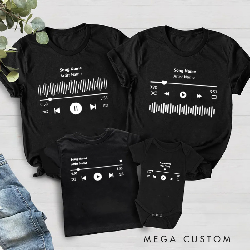 Personalized Music Family Matching T-Shirt Album Cover and Customized Music Player Display and Audio Control and Play Button and Music Player