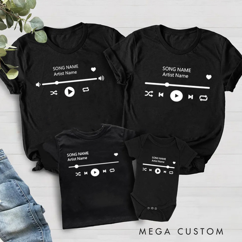 Personalized Music Family Matching T-Shirt Album Cover and Customized Music Player Display and Audio Control and Play Button and Music Player