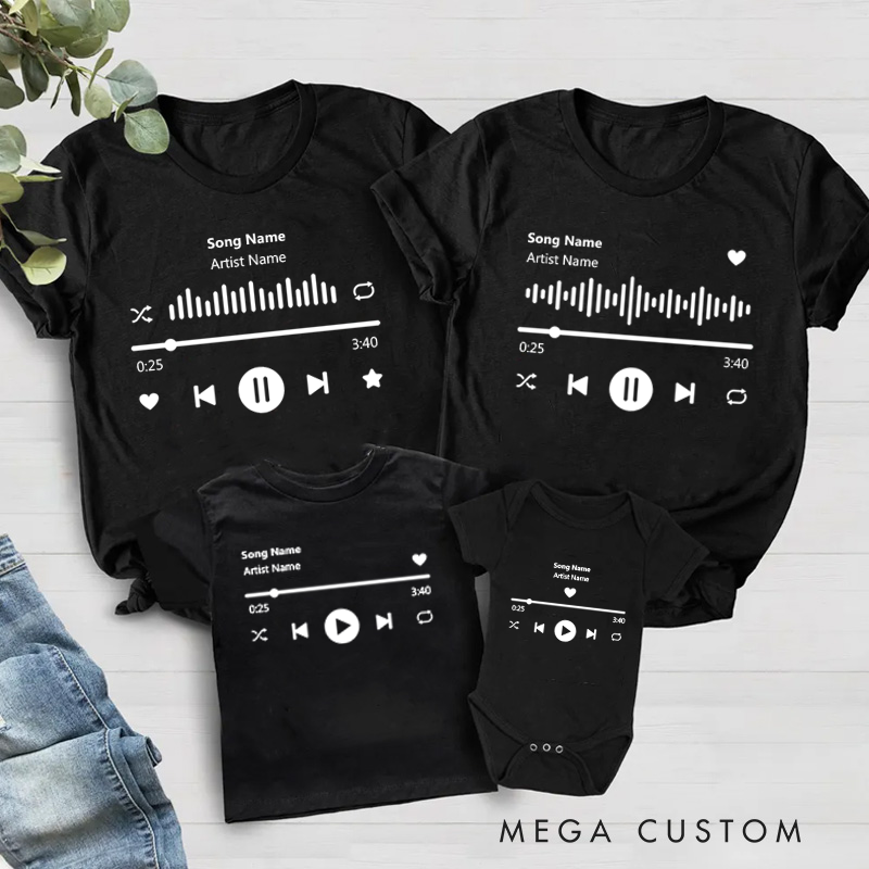Personalized Music Family Matching T-Shirt Album Cover and Customized Music Player Display and Audio Control and Play Button and Music Player